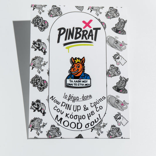 PinBrat product packaging with cartoon donkey character on a white background