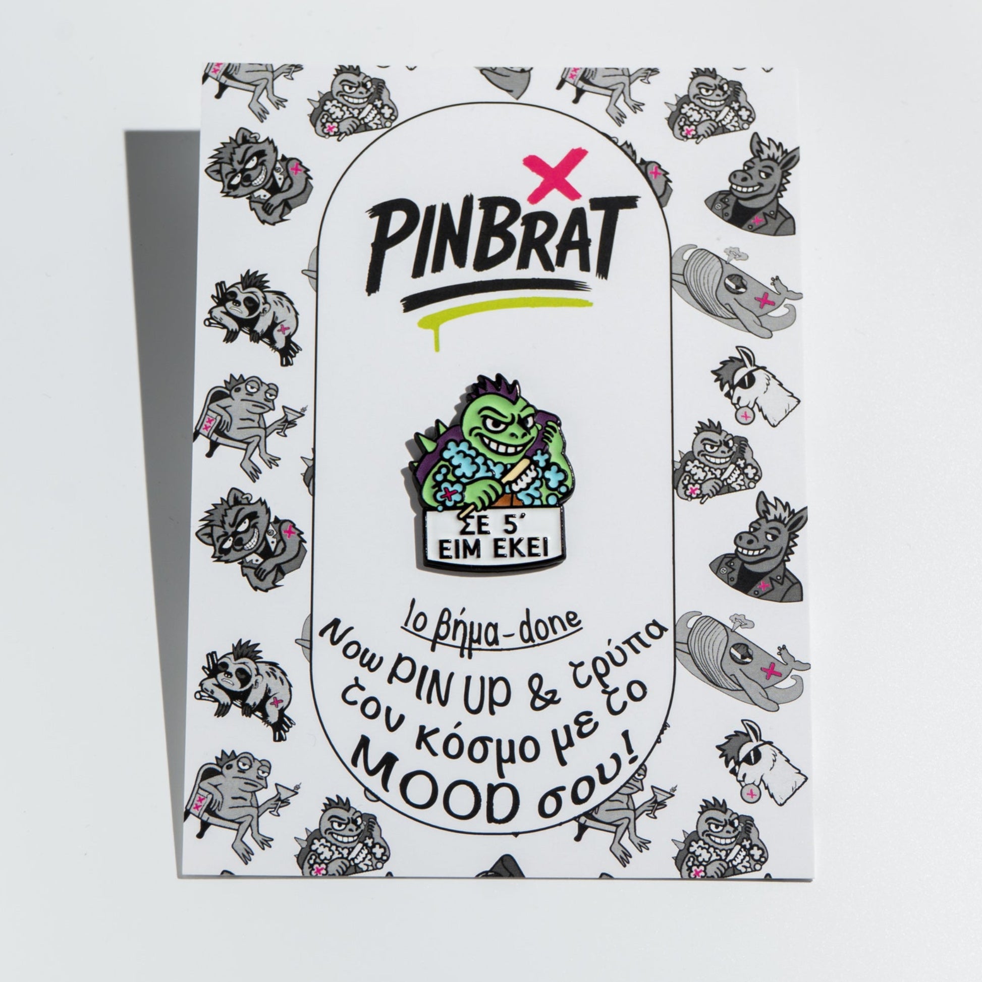 Product packaging with 'Pinbrat' branding and a turtle cartoon character on a white background